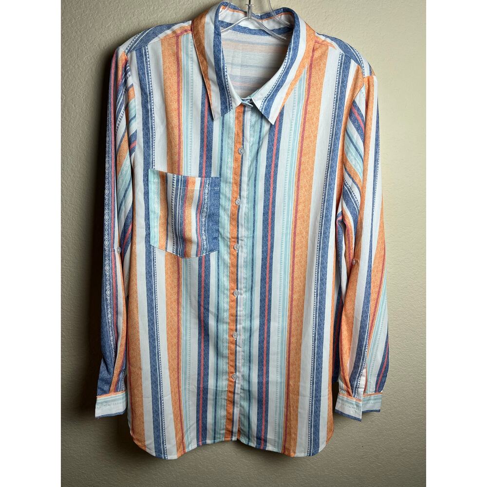 Colorful Striped Button Up Shirt Women's XL Polyester Spandex Blend